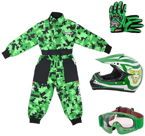 Zorax Green CAMO M (7-8 Years) Kids Suit & Gloves M(6cm) & Goggles & Zorax M (51-52cm) ZOR-X17 Kids Motocross Helmet ECE 2206, Children Motorbike Motorcycle Helmet Set