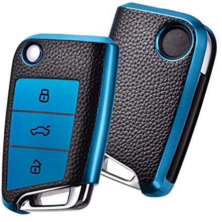 OATSBASF Autoschlüssel Hülle VW, VW Golf 7 Schlüsselhülle, Schlüsselbox Cover für VW Polo, Skoda, Tiguan, MK7 3-Tasten (P-Blau)