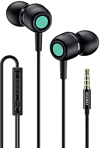 VEENAX M3 Auricolari con Microfono, Controllo del Volume, Cuffiette con Filo, Cuffie In-Ear con Cavo, Auricolare Stereo con Bassi Intensi per Telefono Cellulare Computer Tablet MP3, Jack 3,5 mm, Nero