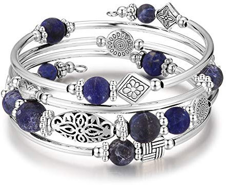 Bulinlin Damen Wickelarmband aus Natur Achat Stein Mehrschichtiges Perlen Silber Armkette Valentinstag Modeschmuck Geschenk(Navy blue)