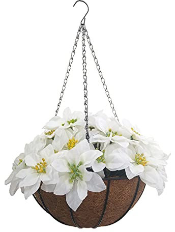 Decorazione per la casa e le feste di matrimonio, decorazione natalizia bianca fiore di Natale artificiale pianta di stella di seta fai da te catena appesa cestino per il giorno di Natale (grande