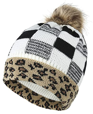 Azruma Herren und Damen Weihnachten Strickmütze Mode Leoparden karo Drucken Wintermütze gestrickte Bommelmütze Retro Wollmützen lässige Strick-Mütze Warm Beanie Hut