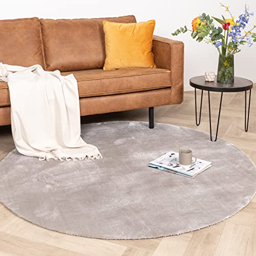 FRAAI | Home & Living Waschbarer Viskose Teppich Rund - Vive Grau - Polypropylen - Kurzflor - Einfarbig - Waschbar in Waschmaschine - Modern - Wohnzimmer, Esszimmer, Schlafzimmer - Carpet