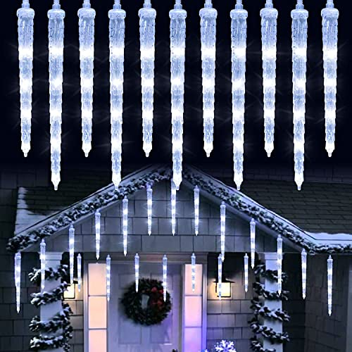 Joomer Eiszapfen Lichterkette Außen, 90 LED 20 Eiszapfen Weiß Weihnachtsbeleuchtung Outdoor 4M 8 Modi Wasserdicht Weihnachtsdeko Eisregen Lichterkette Strombetrieben mit Timer für Innen Fenster Deko