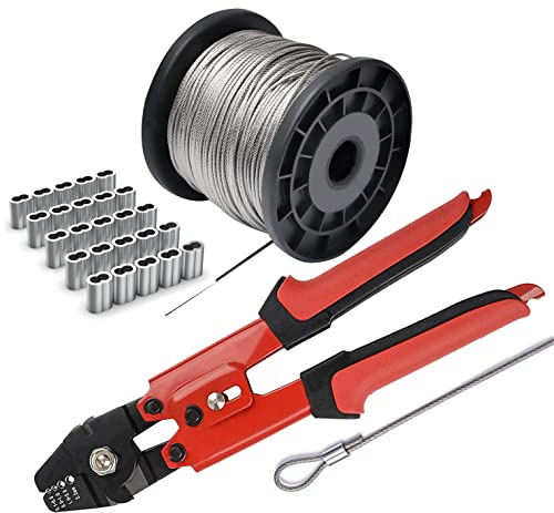Wire Rope Crimping Tool Kit, with 1/16-304 Stainless Steel Cable 165 ft (7x7 Strand Core), 100 Cable Ferrule Aluminum Loop Sleeve Stops (165ft Rope 100 Loop, Red, 1)