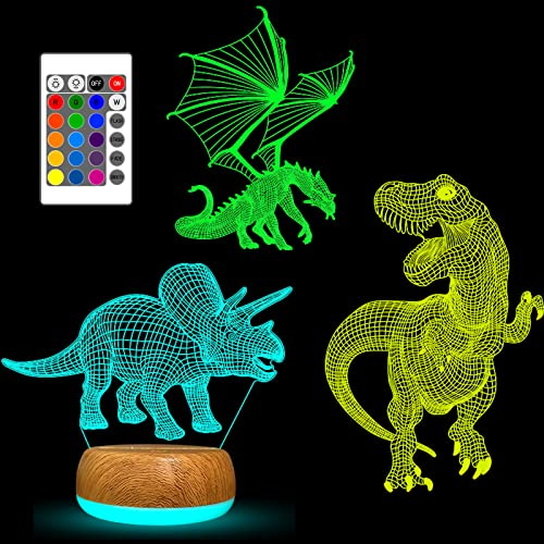 YATOSEEN Lámpara Ilusión 3d Dinosaurio, 16 Cambios de Color con Control Remoto, para Regalos y Decoraciones de Habitaciones, Incluir Tiranosaurio Rex Dragón Volador Triceratops 3 Patrones