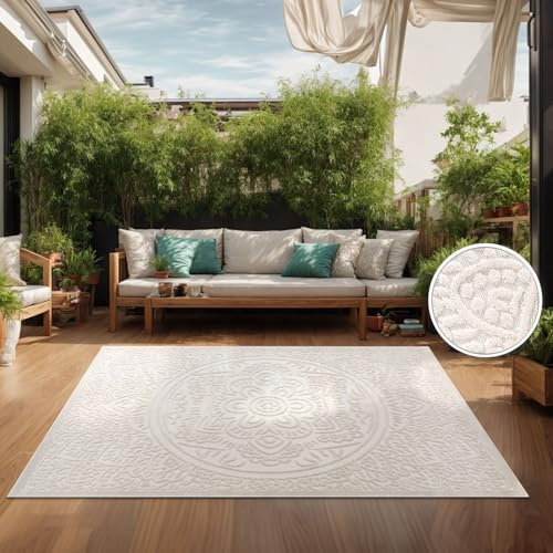 TT Home In-& Outdoorteppich Wetterfest Balkon Schlafzimmer Boho Skandi Motiv Unifarben Geometrische Optik Moderner Style, Farbe:Creme 3, Größe:80x250 cm