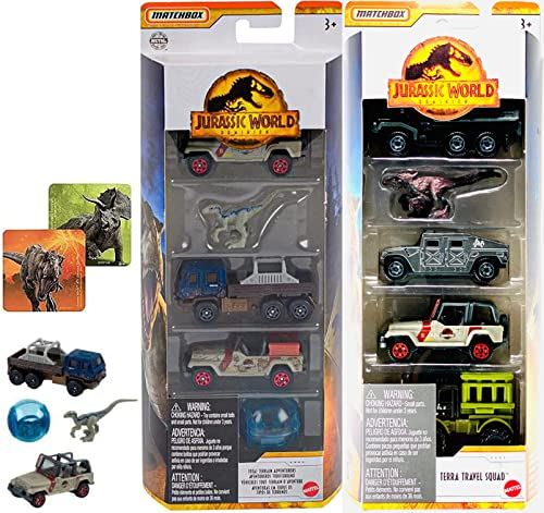 Terra Adventure Jurassic World 8 Autos gebündelt mit Dominion-Fahrzeug, 5er-Pack Travel Squad mit Mini-Dinosaurier-Figur Velociraptor + Total Terrain Dino 5-Pack Land Sea Collection & T-Rex Aufkleber