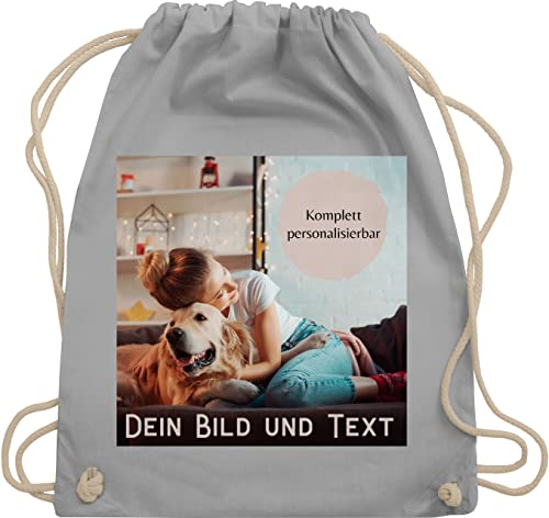 Turnbeutel Rucksack - eigenem - Foto Bild Geschenk I Dein Bild und Text - Unisize - Hellgrau - personalisierte wechselkleidung beutel kita tasche selbst drucken photo stoffrucksack