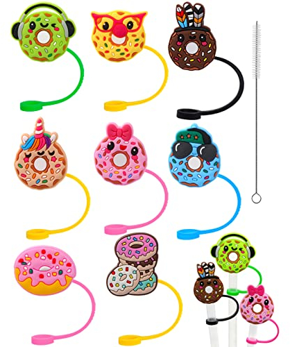 Pwsap 8PCS Silikon Strohhalm Abdeckung mit Reinigungsbürsten, Karikatur Donuts Trinkhalm Abdeckung, Staubdicht Trinkhalm Spitzen für 6-8mm Strohhalme Decke, Indoor Outdoor Aktivitäten, Gastgeschenke