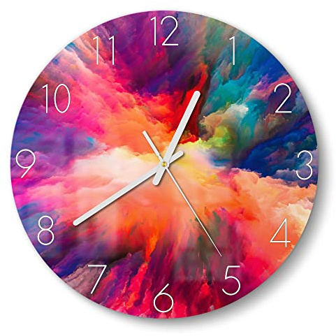 DEQORI Glasuhr | rund Ø 30 cm | Motiv Bunte Farbwolke | ausgefallene leise Design Uhr aus Glas | Wanduhr für Wohnzimmer & Küche | moderne Hingucker Uhr für die Wand