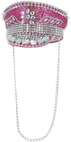 Smiffys Cappello da capitano Fever deluxe borchiato con paillettes, rosa shocking, con catena