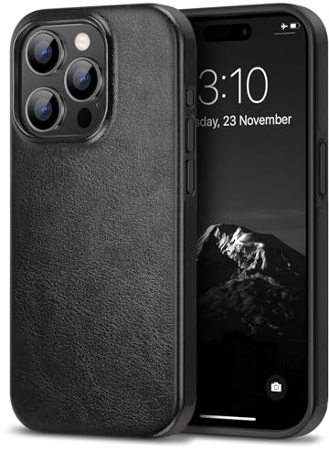 TENDLIN Compatible with iPhone 15 Pro Max Case Premium Leather TPU Hybrid Case (Black)