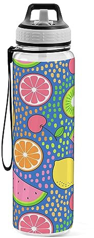 MCHIVER Fruits Dot Wasserflasche mit Silikon-Strohhalm-Deckel, 900 ml, Sport-Wasserflaschen, auslaufsicher, Reise-Kunststoff-Wasserflaschen für Erwachsene, Jungen, Mädchen, bap-freies Tritan