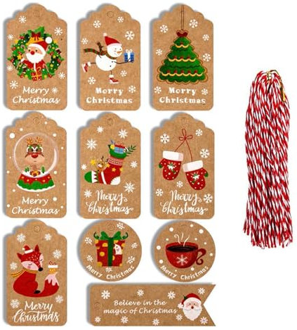 ZHIYE Christmas Tags, 50 Pieces 10 Styles Kraft Paper Tag Hang Labels with 50pcs Cotton String for Decorating Christmas Trees or Packaging