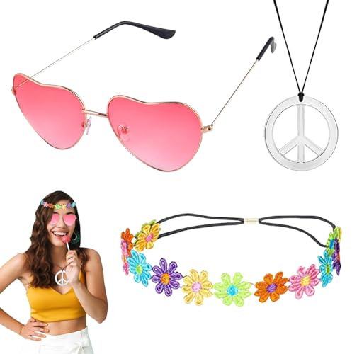 SPERMUOY Hippie Accessoires,3 Stück Hippie Partyzubehör Hippie Kleidung Damen Herren Accessoires,Vintage Brille Friedenszeichen Halskette Sonnenblume Krone Haarband,60er 70er Kostüm Zubehör