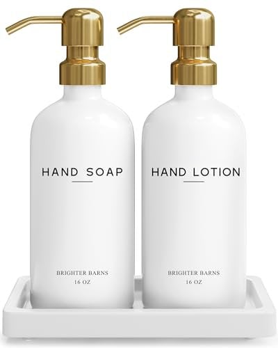 Luxury Glass Soap and Lotion Dispenser Set with Tray by Brighter Barns - Hand Soap Dispenser Bathroom Set & Stainless Steel Pump for Home or Airbnb - White and Gold Bathroom Accessories & Decor (Gold)