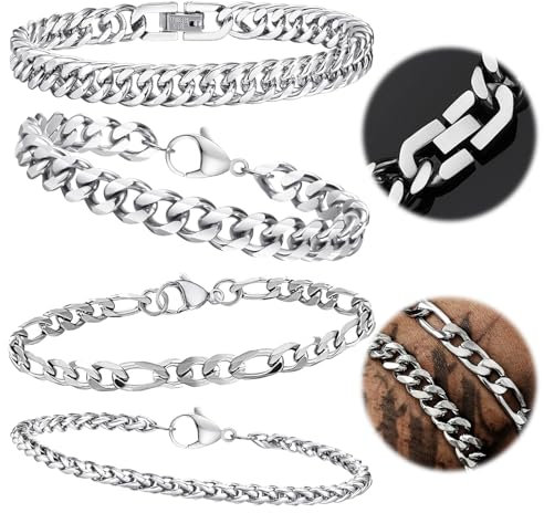 LETTERASHQP 4 Stück Armband Herren Silber Armband Herren19cm/21cm Armbander Herren Edelstahl Herren Schmuck Armbänder für Herren Armbandset Herren Männer Geschenk für Papa Freund