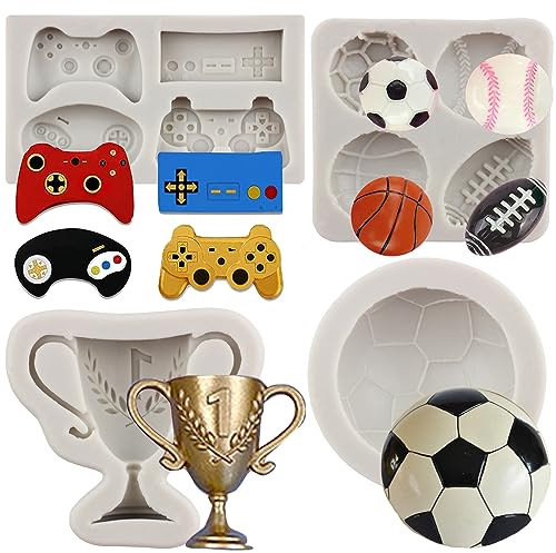 MYPRACS Fußball Basketball Baseball Rugby Silikonform Game Controller Fondant Form Trophäe Schokoladenform für Zucker Kuchen Dekorieren Cupcake Topper Candy Polymer Clay Gum Paste Set von 4