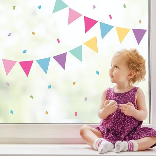 Wandtattoo Loft Fensterbild Karneval Wimpel Girlande wiederverwendbar Frühling bunte Dreiecke Fasching farbig, 1. A3 Bogen