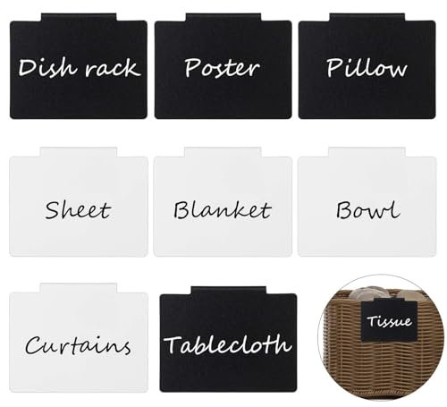 8PCS Basket Labels Clip for Storage Bins, White Black Label Holders Erasable Basket Labels Clip On for Fabric Cubes Wicker Laundry Organization Pantry Organization Laundry Playroom Storage Bins