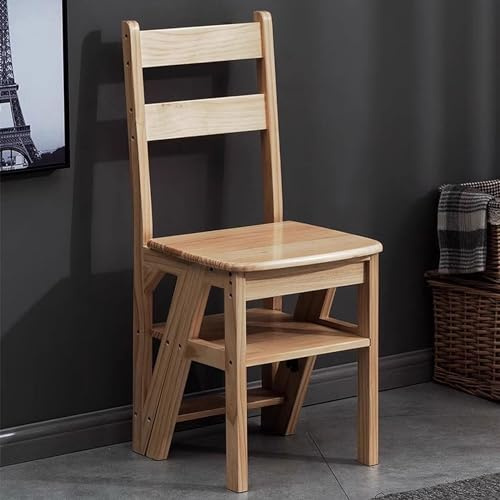 Drsyffsup Wooden 4 Step Ladder Chair, Folding Step Stool Convertible Ladder Chair Multifunction Dual Purpose Stepladder Stairway Chair for Kitchen Library - 200kg Capacity