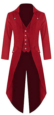 Herren Gothic Frack Steampunk Jacke Viktorianischen Karneval Kostüm Cosplay Smoking Mittelalter Gehrock Mantel Mode Oberbekleidung, Rot, M