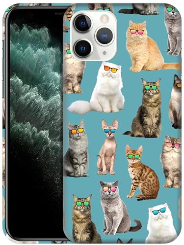 GlamCase for iPhone 11 Pro, iPhone 11 Pro Case - Cat Pattern With Sunglasses Teal Design Printed Slim Fit Cute Plastic Hard Protective Designer Back Phone Case/Cover for iPhone 11 Pro.