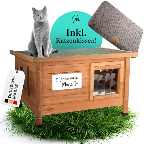 MIEZ MAGIC Katzenhaus Outdoor Winterfest - Robustes Fichtenholz - Wasserdicht & isoliert - Katzenhaus für draussen mit Dachscharnier - Komfort Katzenhütte 67x53x43cm