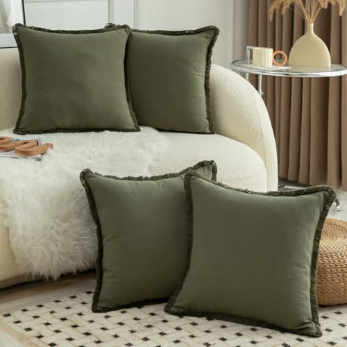 Mandioo 4er Set Neutralen Baumwolle Kissenbezug 40x40cm Herbst Quasten Dekorative Kissenbezüge Boho Sofakissen Dekokissen Kissenhülle für Couch Sofa Schlafzimmer Wohnzimmer Olivgrün