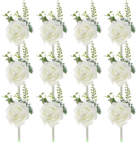 M METERXITY 12er-Pack Anstecker für Männer, Künstliche Rosenblumen-Männer-Anstecker mit Nadel für Hochzeit/Jubiläum/Formelle Party, Taschen-Anstecker [Cremeweiß]