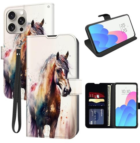 FUYOCWE for iPhone 16 Pro Case Wallet with Card Holder Slot,PU Leather Kickstand RFID Blocking Magnetic Snap Flip Cover for iPhone 16 Pro 2024 Release 6.3-Watercolor Horse clolorful