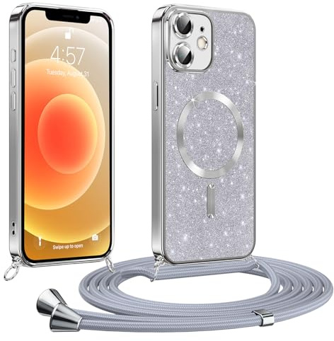 Phoona Coque pour iPhone 12/ iPhone 12 Pro avec Cordon, Etui à Paillettes Compatible avec MagSafe, Antichoc Protection Coque pour Magnétique avec Réglable Collier, Argenté