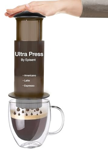 EPISENT Ultra Press Coffee Maker – Portable French Press & Manual Espresso Brewer | Compact Travel Coffee Maker for Americano, Latte, Cappuccino | Quick Clean & Filter Alternative to Cafetière