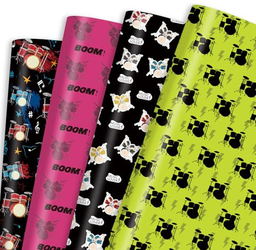Geschenkpapier für Schlagzeug, 12 Blatt, Musik-Geschenkpapier, Schlagzeug-Set, Thema, Geschenkpapier, Musikverpackungspapier, 50,8 x 71,1 cm