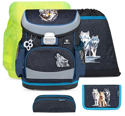 Belmil ergonomischer Schulranzen Set 5-teilig mit Regenschutz 1, 2 Klasse Grundschule/Super Leicht 800-860 g/Brustgurt 405-33/AG/S/R (Wolves Pack)