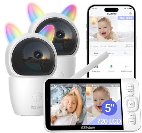 CZEview 2K/5,0 LCD Baby Monitor Video e Audio, Telecamera Bambini con Monitor, PTZ 360°, Controllo Tramite APP Mobile & Monitor, Rilevamento di Grida/Movimento (bianco nero con 2 telecamere)