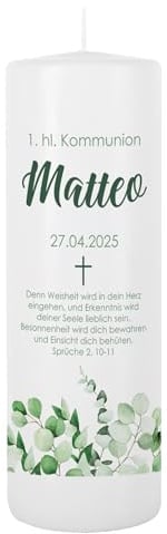 Striefchen® Personalisierte Kerze zur Taufe, Kommunion oder Firmung – Bedruckt mit Name, Anlass & Datum – Verschiedene Motive – Individuelle Taufkerze, Kommunionskerze, Firmungskerze (Eukalyptus)