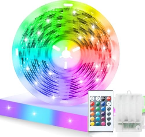 LED Streifen Batterie 1m,Lichtband RGB 5050 Selbstklebendes 16 Farbenwechsel,Batteriebetriebene LED Streifen Lichter,LED Strip mit Fernbedienung für Schränke, Treppen, Küche, Betten