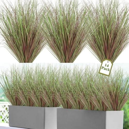 UXORSN 14 Bundles Artificial Plants Outdoor Fake Grass Bushes 20 Inch Artificial Wheat Grass UV Resistant Greenery Stems Faux Shrubs Plant for Outdoor Garden Window Office Decor, Purple