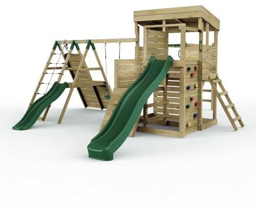 Rebo 2 Tier XL Lookout Tower Playhouse with Single Swing and Monkey Bars plus Climbing Wall | with 9ft & 6ft Slide | Ladder | Pressure Treated Timber, Safe for Children | OutdoorToys | Climbing Wall |