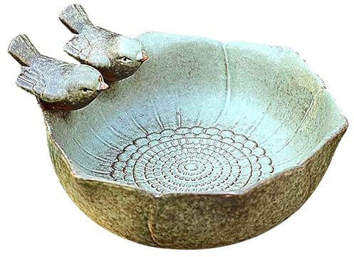 Ceramic Bird Bath, Winterproof Stone with 2 Birds, Frost-Proof Standing, Dequate Bird Bath, Garden Decoration, Wild Birds Feeding Bowl with Sturdy Base, Bird Basin, Waterer, Feeding Stone, Garden