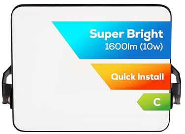 TCP 10W LED Security Floodlight, Outdoor, Bright 1600lm, Cool White 4000K, IP65 Waterproof, Easy Install Long Adjustable Bracket, Easy Push Connector Enery Class C No Plug Garage Garden