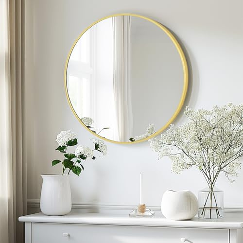 LunaMirror Runder Wandspiegel, 90 x 90 cm, rund, Wandmontage, Badezimmer-Schminkspiegel, stilvoller schwarzer Aluminiumrahmen, Heimdekoration, zum Aufhängen für Badezimmer, Flur, Eingang, Wohnzimmer