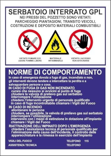 M-ITALY CARTELLO SEGNALETICO - SERBATOIO INTERRATO GPL COLORE BLU - Adesivo Extra Resistente, Pannello in Forex, Pannello In Alluminio (Adesivo, 10x15 cm)