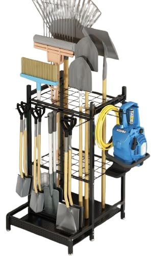 Gartenwerkzeug-Organizer für Garage, Allzweck-Aufbewahrungsregale mit Haken, Metall-Werkzeugständer für Langstiel, Besen, Schaufel, Rechen, stabiles schweres Regal für Outdoor, Hof, Schwarz
