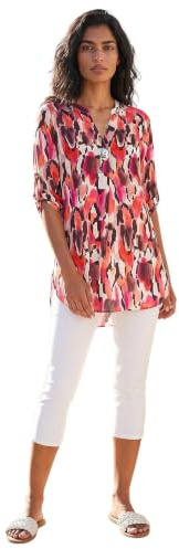 Roman Originals Shirt for Women UK Ladies Longline Top Collarless Blouse Smart Tunic Casual Evening Relaxed Fit 3/4 Length Sleeve Notch V Neck Long - Orange Multi - Size 16