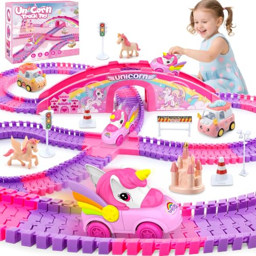 iKidiki Einhorn Geschenke für Mädchen 3 4 5 6 7 8 Jahre, Autorennbahn | Spielzeug ab 3-8 Jahre Pferde Mädchen Geschenk 3-8 Jahre Princess Rennbahn Kinder Geburtstagsgeschenk für Mädchen