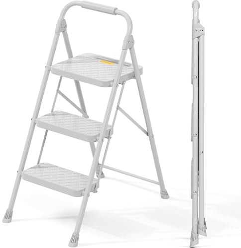 KINGRACK Escalera de 3 peldaños Plegable de Acero, Bloqueo de Seguridad, peldaños Anchos Antideslizantes, Capacidad 150 kg, Ligera y portátil con pasamanos para hogar, Cocina y Garaje