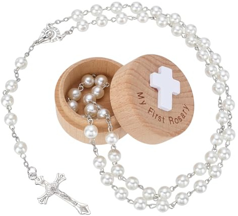 FINGERINSPIRE Runde Erinnerungsbox Mein Erster Rosenkranz Holz Weißer